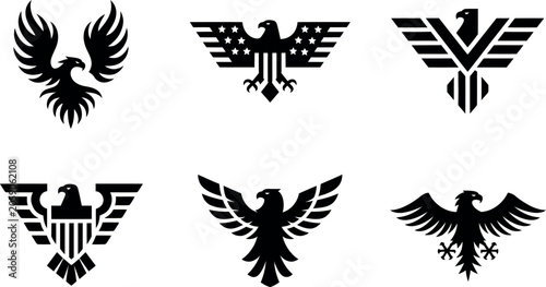 Obraz na plátne Collection of six distinct black eagle silhouette icons and emblems for design p