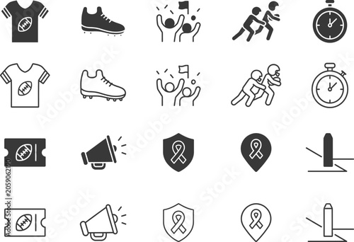 20 icon set editable stroke and filled minimal vector illustrations for american football sports design