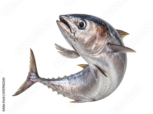 Slika na platnu Dynamic shot of a fresh yellowfin tuna, caught in a graceful curve
