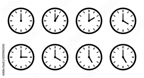Cuadro en lienzo Eight Simple Clock Icons, Time Display Vector Set, Minimalist Analog Watch Faces