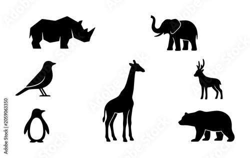 Photography Diverse Wildlife Silhouettes Collection: Elephant, Rhino, Giraffe, Bear, Deer, P