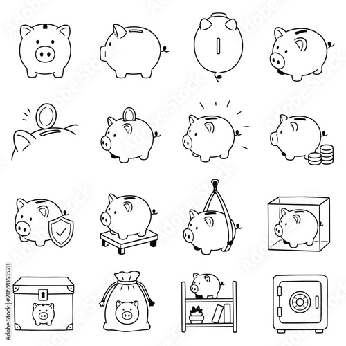 Piggy Bank Icon Set Illustration. Linear sketches represent wealth accumulation and fiscal security symbolizing careful planning for a prosperous future via capital reserves.