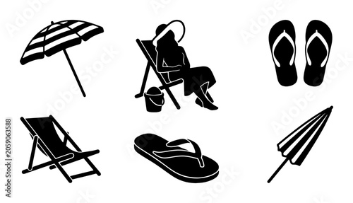 Foto Summer Beach Icons Set: Relaxing Sun Umbrella, Deck Chair, Flip Flops, Leisure S