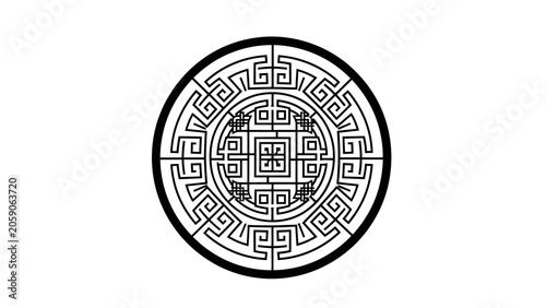Intricate Circular Chinese Labyrinth Pattern with Geometric Lines, Auspicious Motif on Isolated White Background