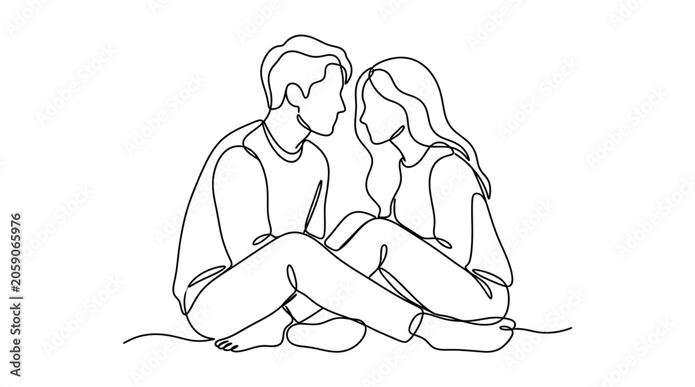 Obraz premium Continuous line art of a loving couple sitting together.