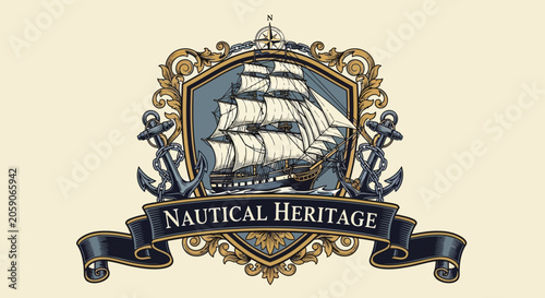 Tableau sur toile Nautical Heritage Emblem with Tall Ship, Anchors, and Ornate Frame