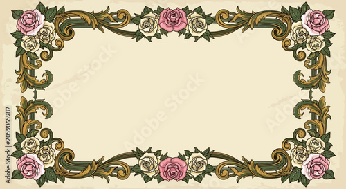 Ornate Floral Frame with Roses, Vintage Decorative Border, Elegant Design Element