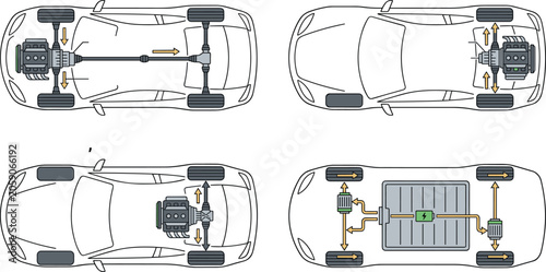 Car Drivetrain and EV Battery Chassis Diagram Set Showing All Wheel Drive Rear Wheel Drive Front Wheel Drive and Electric Vehicle Powertrain Configurations