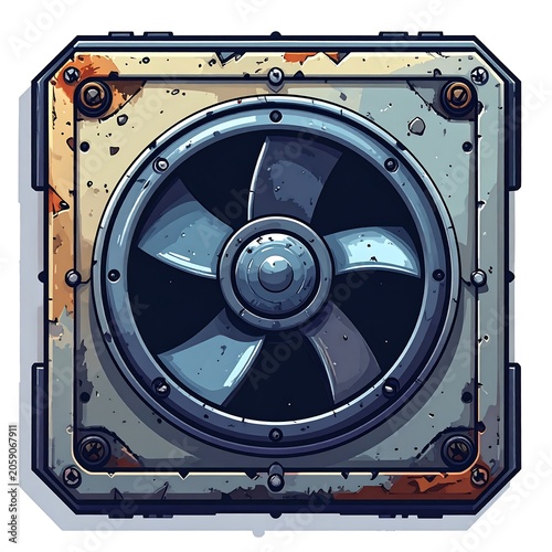 A square metal plate with a central fan and rusty edges