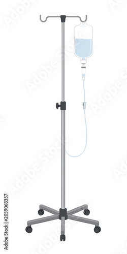 Medical IV drip stand with infusion bag containing liquid medicine on a wheeled metal pole for hospital patient care and clinical therapy