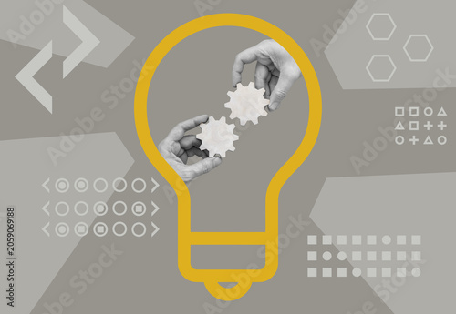 Hands aligning gears inside a light bulb for innovation.