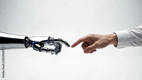 Robotic hand reaching out towards human hand in a gradual motion, showcasing the connection between technology and humanity against a minimalistic background