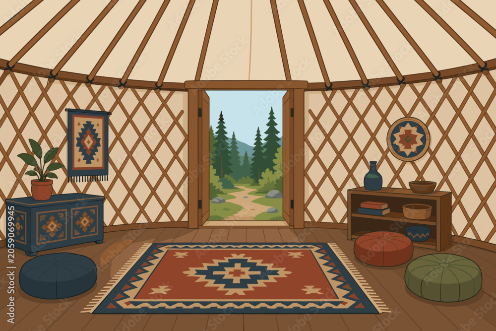 Obraz premium Traditional yurt interior with open door showing a scenic forest path outside, decorated with ethnic rugs, cushions, and wooden furniture in a cozy nomadic style