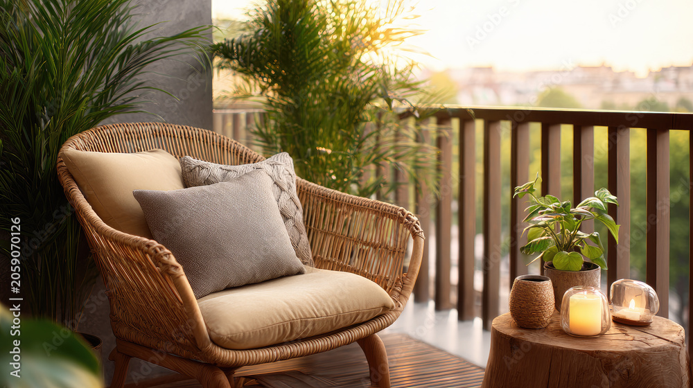 Fototapeta premium Comfortable wicker armchair with cushion and wooden side table, surrounded by green potted plants on a modern city balcony offering a serene urban oasis view