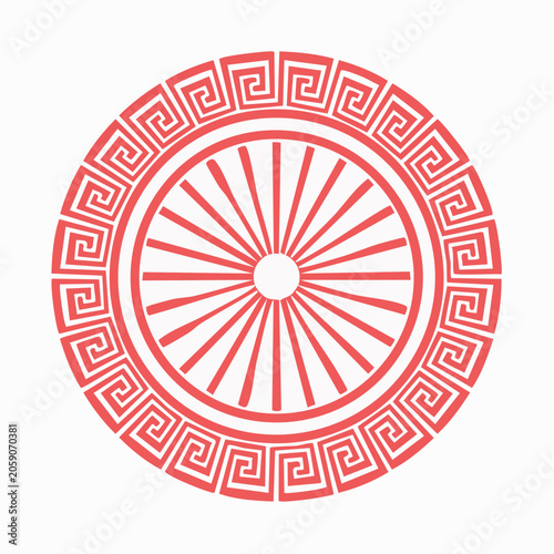 Red Greek Key and Sunburst Mandala Design