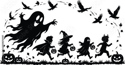 Obraz na plátně Halloween Silhouette Scene With Ghost Costumed Children And Jack o lanterns