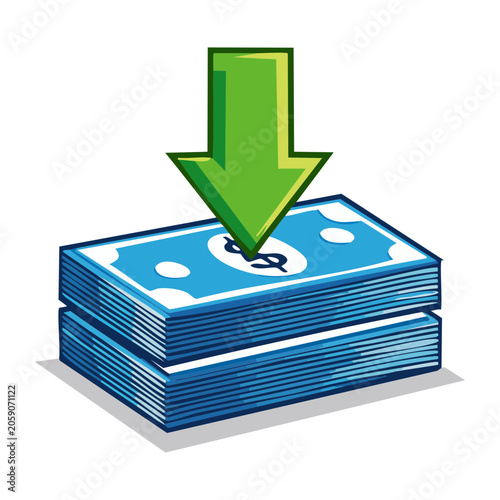 Cartoon stack of money with green downward arrow