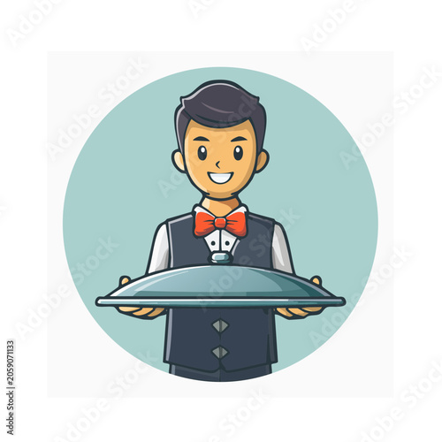 Cartoon waiter holding serving tray with bow tie