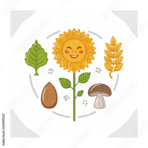 Smiling Sunflower with Nature Elements in Flat Design
