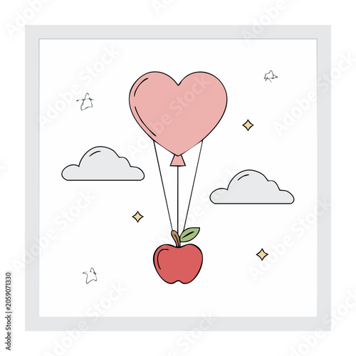 Whimsical Heart Balloon with Apple Illustration