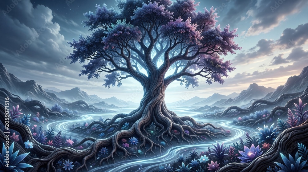 Fototapeta premium Ancient tree with glowing roots in mystical river valley