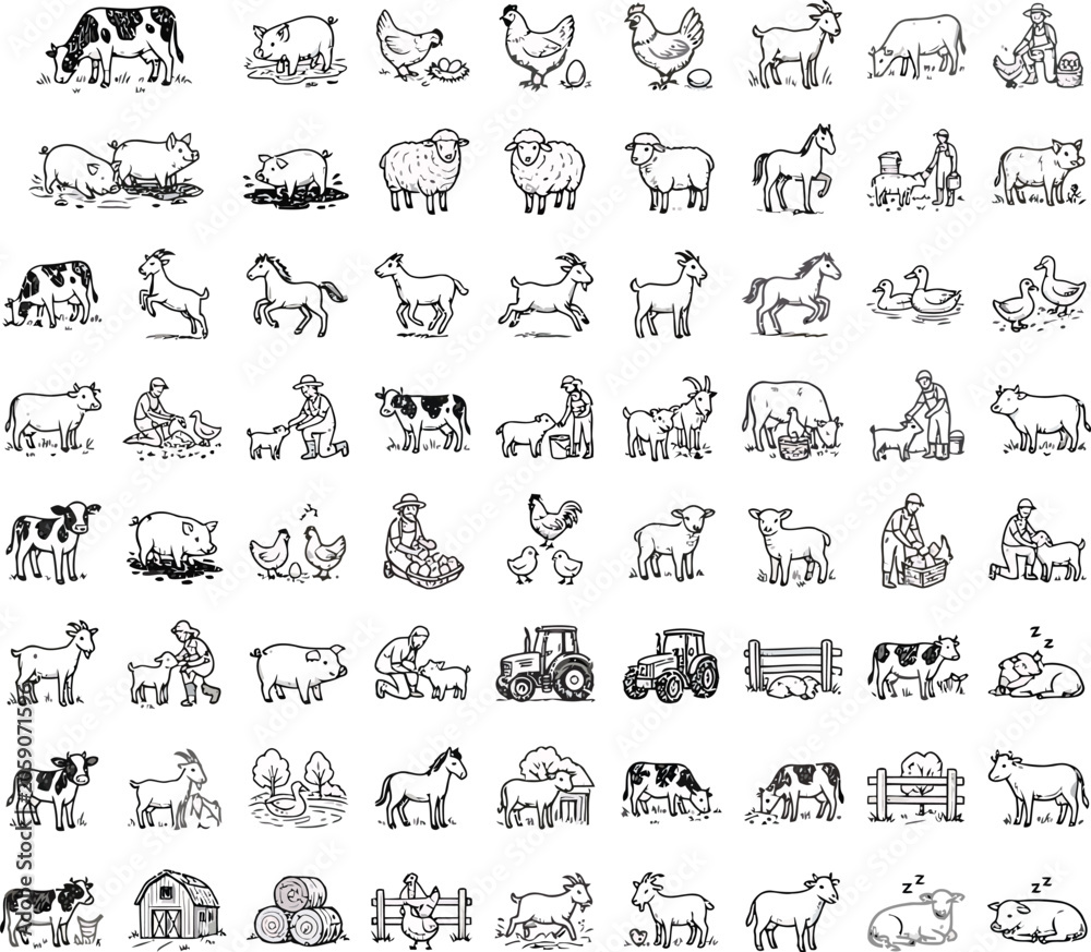 Fototapeta premium Livestock solid icons set. Solid editable stock of farm animals vector illustration.
