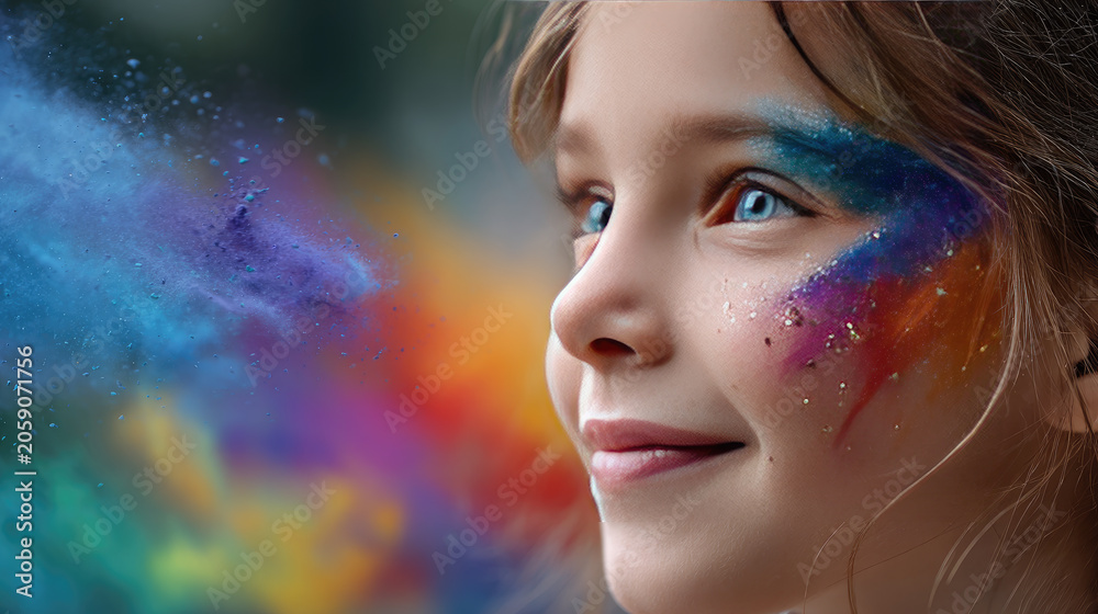 Naklejka premium Child enjoying festive celebration, face adorned with vibrant glitter and colorful powder, experiencing pure joy and carefree playfulness with closed eyes and open mouth