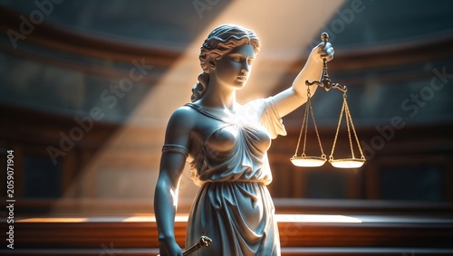 Statue of Lady Justice holding scales and sword, illuminated by soft light in a grand courtroom with wooden architecture and stone walls