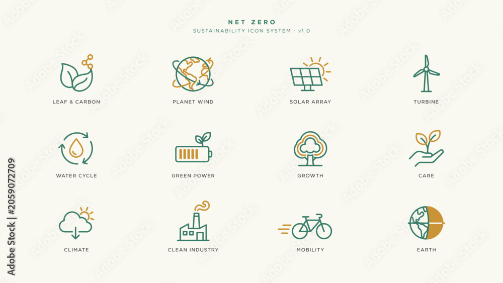 Naklejka premium Renewable energy and sustainability icon collection – Suitable for eco-tech platforms, environmental awareness content, or green business layouts.