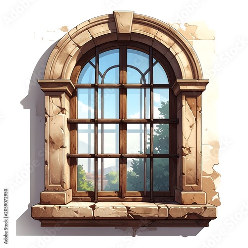 A stone-framed arched window with a view of blue sky and trees