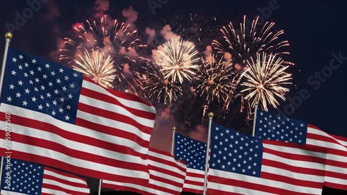 American flags waving in the foreground with vibrant fireworks lighting up the night sky in a festive display during a national celebration event