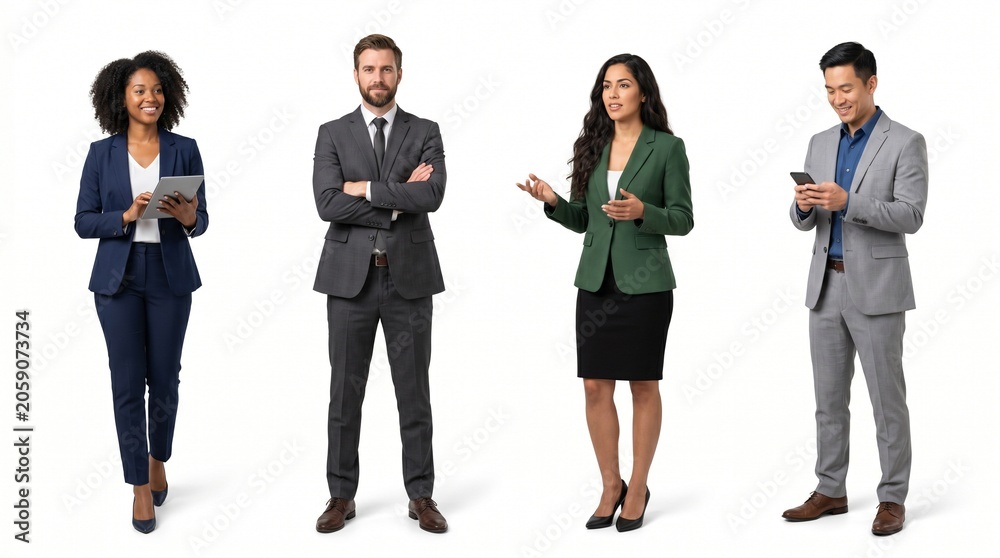 Obraz premium Four diverse business professionals standing in formal attire, engaged in various activities, against a clean white background.