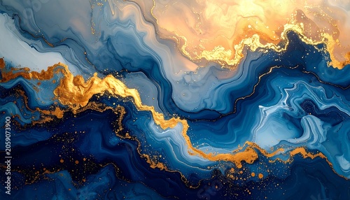 A vibrant abstract artwork featuring swirling patterns of blue and gold hues