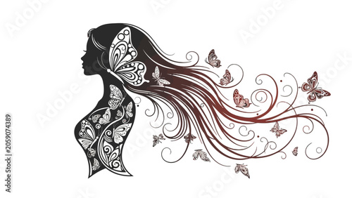 Φωτογραφία Silhouette of a woman's profile with flowing, elaborate hair adorned with butterflies, isolated white background