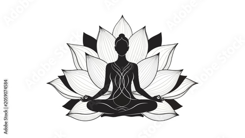 Εκτύπωση καμβά Silhouette of a person meditating in lotus position surrounded by an elaborate black and white lotus flower on an isolated white background, symbolizing peace