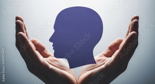 Hands holding an illuminated, glowing human head profile. Abstract concept of artificial intelligence, mental health, psychology, or knowledge