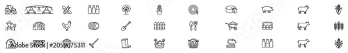 Foto Set of farming and agriculture line icons including tractor, irrigation, bee, mi