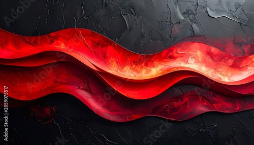 A vibrant, abstract artwork featuring undulating red waves against a dark background