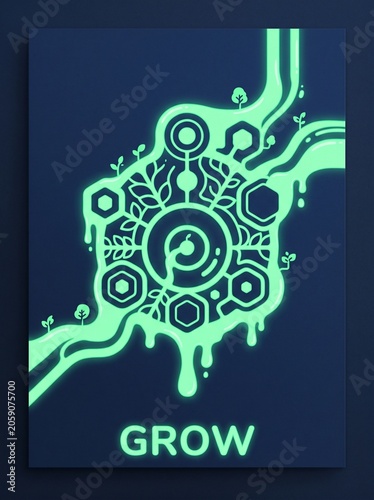 A futuristic neon green circuit board grows on a dark background with glowing effect.