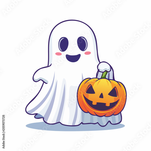 Cute Ghost Holding a Jack-o'-lantern for Halloween