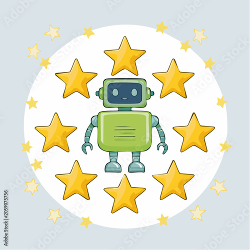 Cute Green Robot Surrounded by Stars