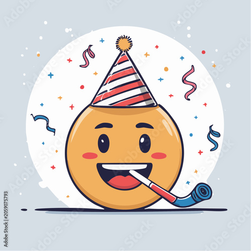 Happy Emoji Wearing Party Hat and Blowing Party Blower with Confetti