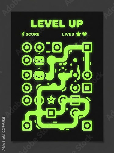 A neon green video game level design with a winding path and icons on a black background