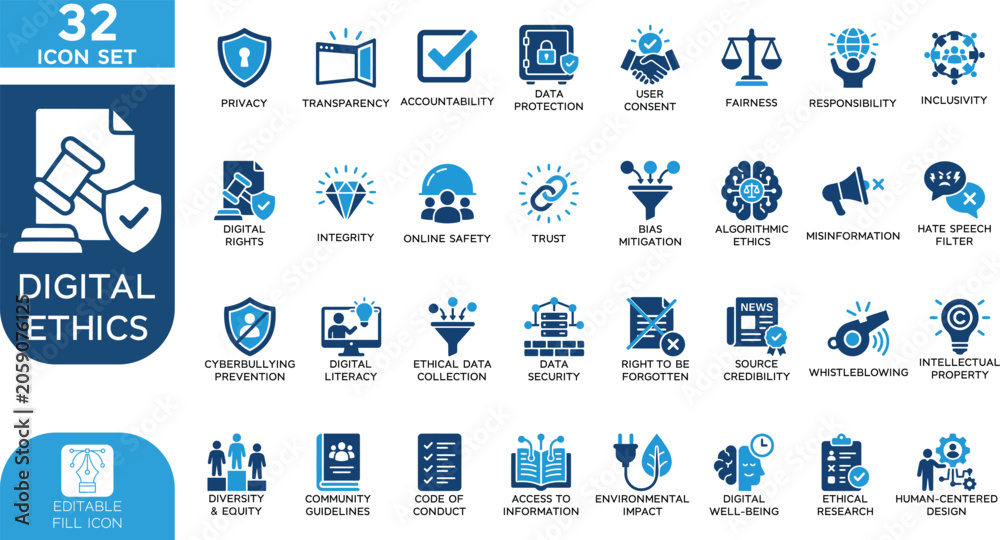 Naklejka premium Digital ethics and AI governance Vector illustration Fill editable Icons set. Professional symbols for cyber security, data privacy, responsible artificial intelligence, transparency, and online.