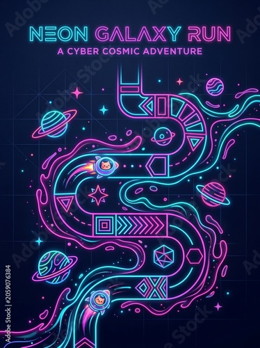 Vibrant neon galaxy illustration depicts a futuristic cosmic adventure scene with planets and spaceships.