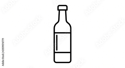 Black and white line icon of a glass bottle with a blank label and cap. Simple minimalist vector illustration isolated on white.