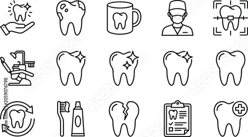 Photos Set of vector outline icons of teeth, dental care, and dentistry on a transparent background