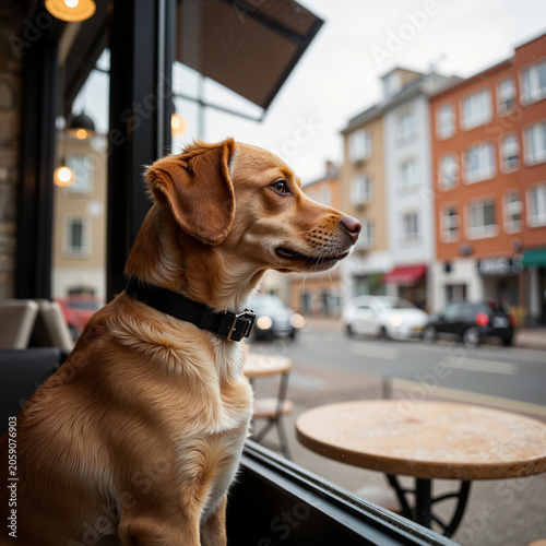 Dog sitting by window looking out at street scene in cafe  