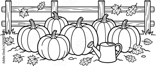 Fall harvest pumpkin patch coloring page with fence and watering can
