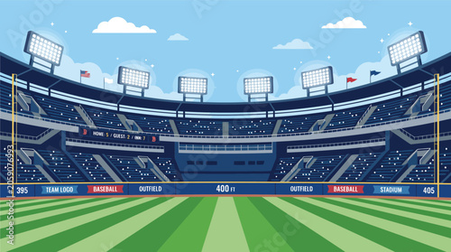 Fotografía Wide Angle Flat Vector Illustration of an Empty Baseball Stadium Outfield with G